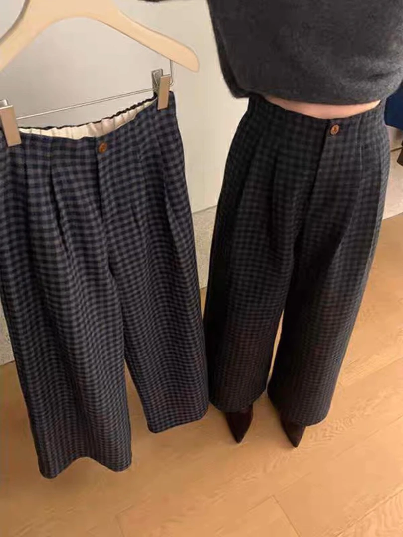 韩系复古撞色格子松紧腰宽松阔腿休闲裤