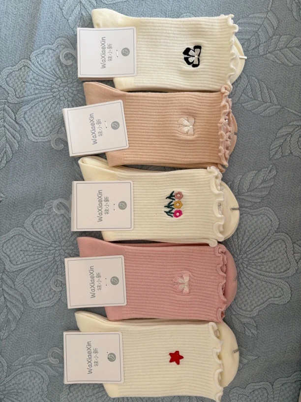 5双 女袜针织秋冬纯色时尚长筒棉袜