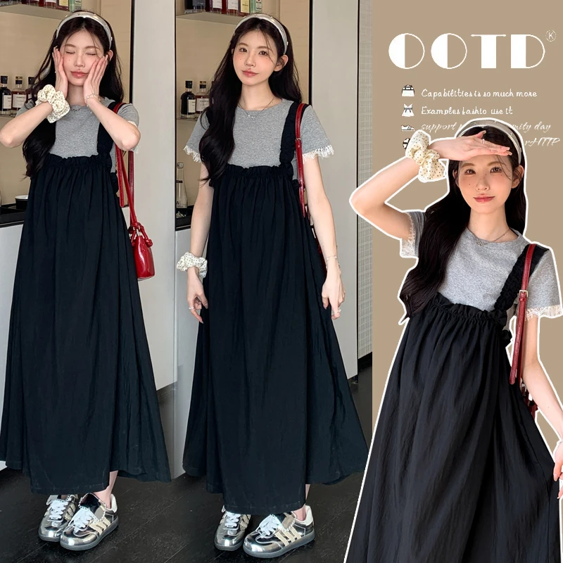 { 糕糕 }孕妇装2025夏季新款松紧收褶背带裙＋蕾丝拼接T恤套装