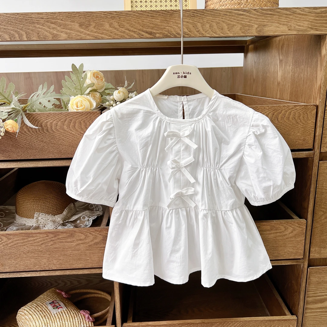 【娃娃衫 上衣】2590（白色）上衣 女童韩版 蝴蝶结泡泡袖上衣 娃娃衫