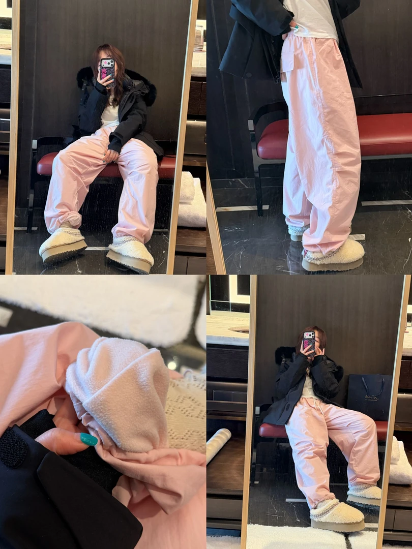 【BORAKOO】机场裤~黑/粉两色膝盖捏褶休闲加绒棉裤