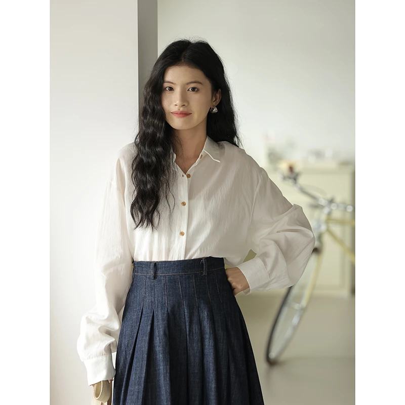 【清清】觅定韩系长袖衬衫初秋纯色百搭小个子气质衬衣宽WS50598