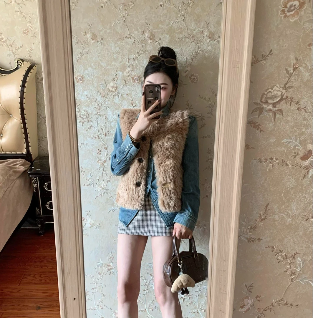 2025新款小个子毛毛马甲女秋冬季牛仔长袖衬衫搭时尚气质半身裙子