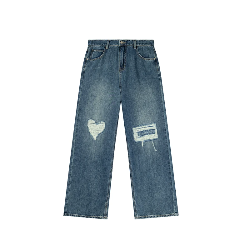 复古破洞休闲百搭秋季水洗做旧宽松显瘦直筒牛仔裤YC287