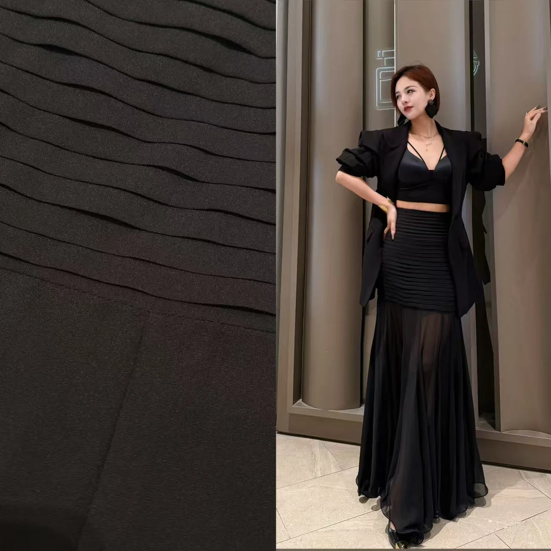 LTT- 新款 百搭时尚压褶设计气质高腰网纱大裙摆半身裙