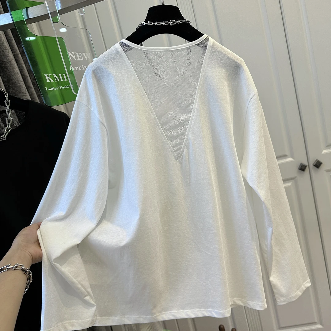 胖妹妹240斤大码后背蕾丝镂空长袖白色T恤女上衣宽松时尚早秋新款