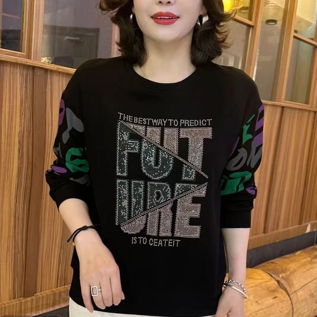 大码春季新款字母烫钻宽松显瘦圆领卫衣印花百搭时尚洋气长袖上衣