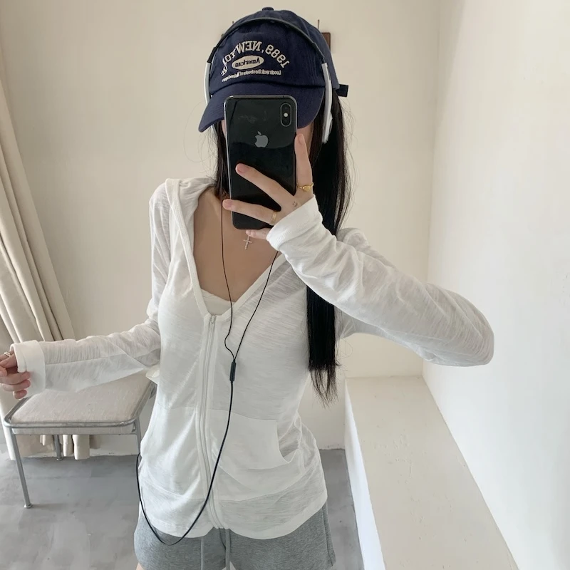 慵懒风连帽防晒衫女2025夏季韩系修身百搭白色薄款长袖空调衫外套