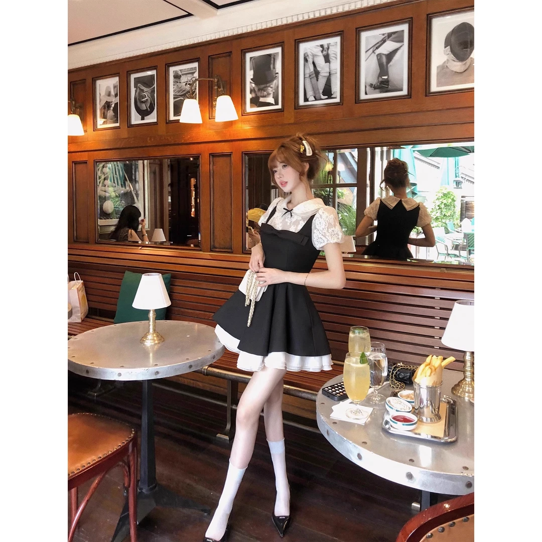 【古典轮廓】法式气质假两件娃娃领泡泡袖蝴蝶结显瘦蓬蓬连衣裙女装