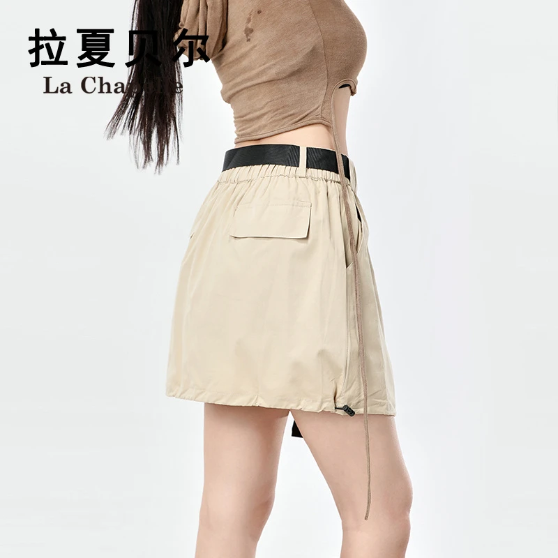 拉夏贝尔卡其色辣妹工装裙女休闲百搭高腰防走光显瘦a字半身短裙