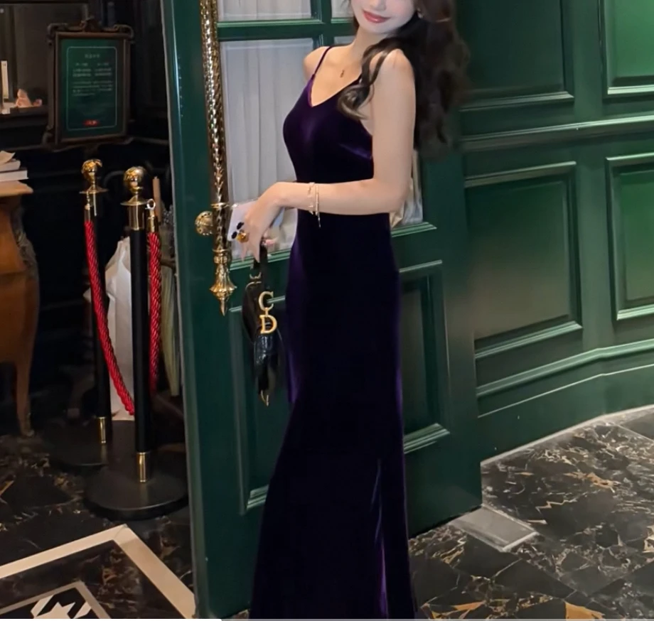 【佳人】法式复古绝美丝绒吊带连衣裙女修身显瘦气质鱼尾长裙子