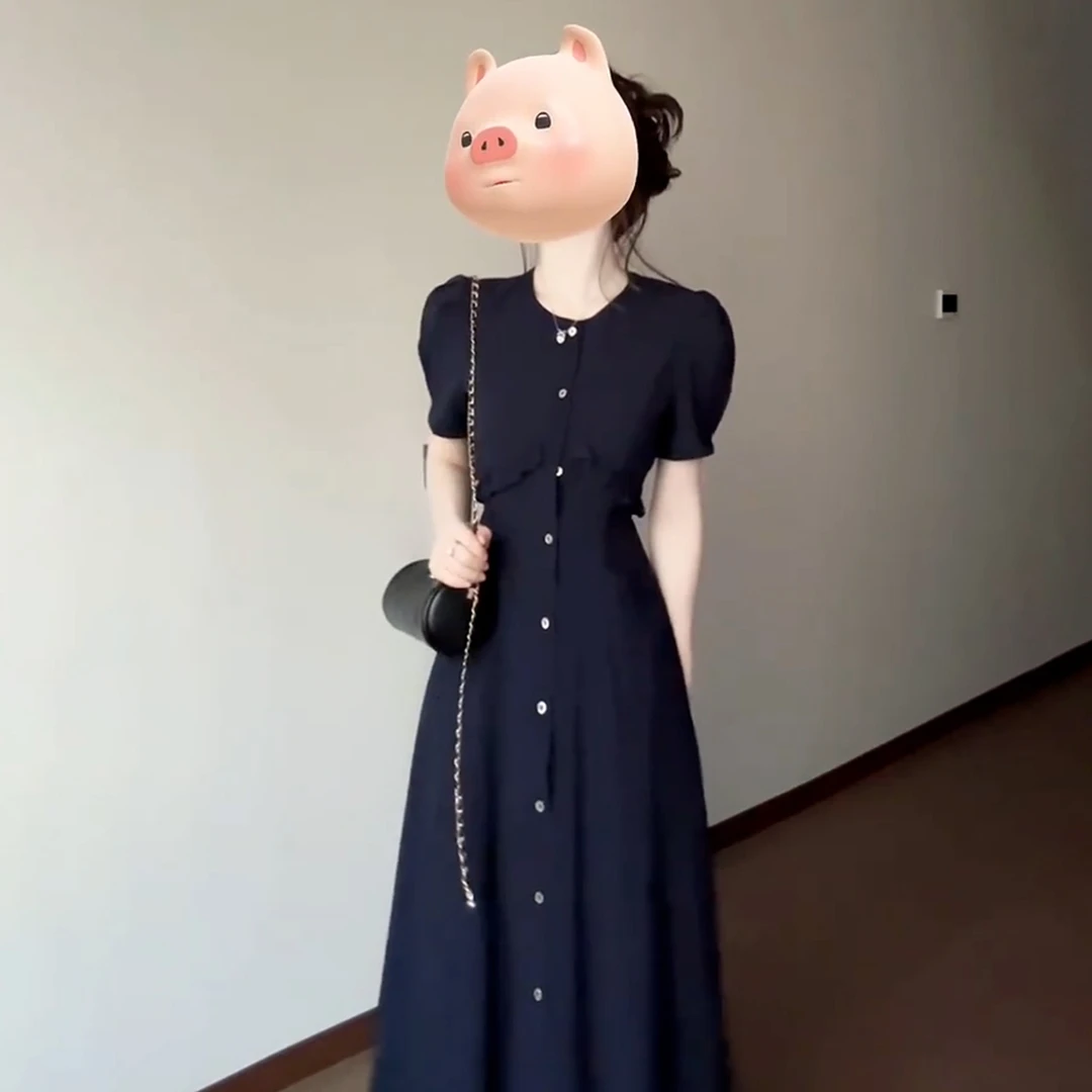 2025年法式复古设计感藏蓝色连衣裙子女夏季优雅气质显瘦长裙5743