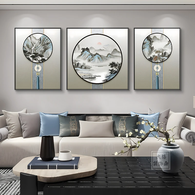 新中式风景山水客厅办公室书房挂壁画好寓意三联沙发背景墙装饰画