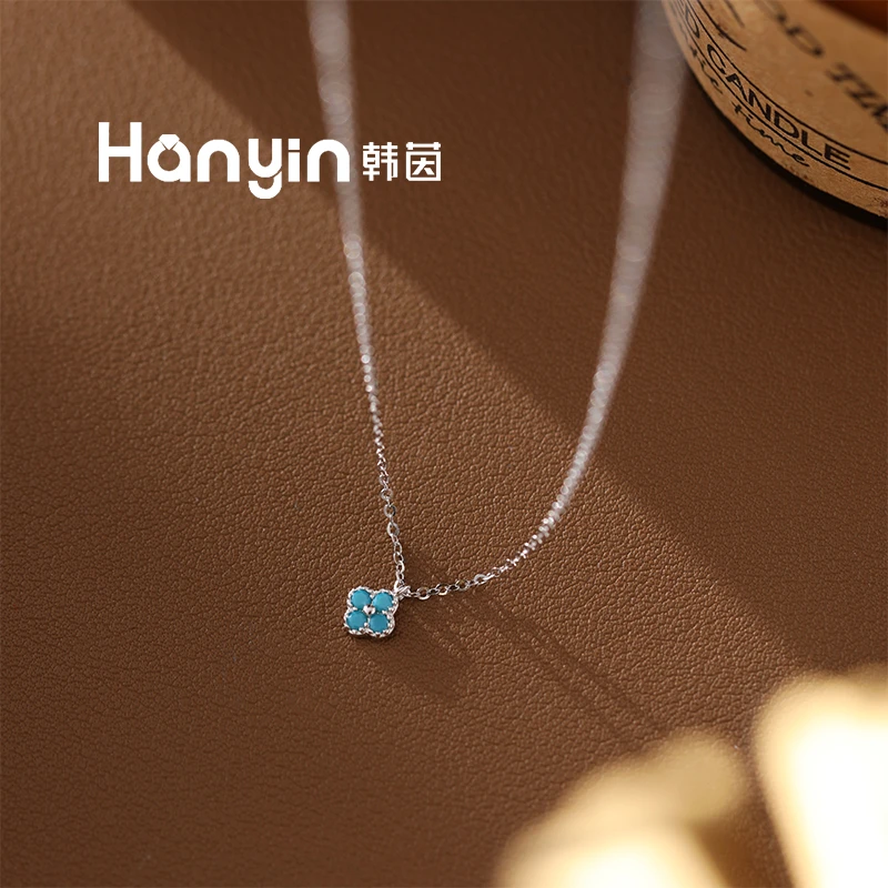 坠链均925银合成锆石 蓝色四叶草项链时尚百搭轻奢锁骨链AAA