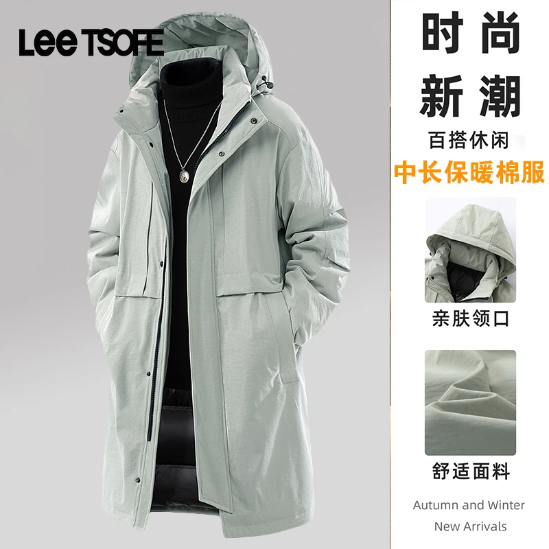 LEE TSOFE2025冬季男连帽简约中长款棉服大码御寒保暖百搭外套