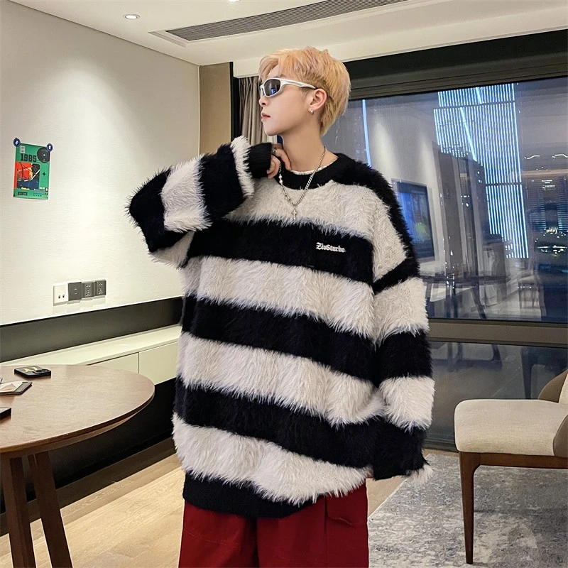 秋冬美式季毛茸茸圆领毛衣男美式复古overs宽松毛衣外套女