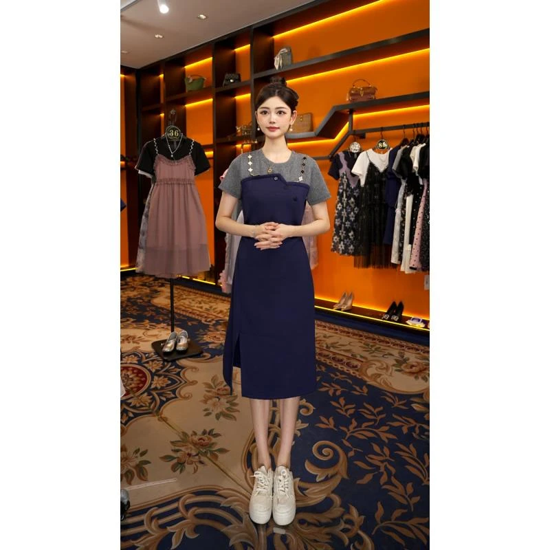 【linda】【10】拼接百搭气质复古链条设计款休闲显瘦连衣裙JC-A2893