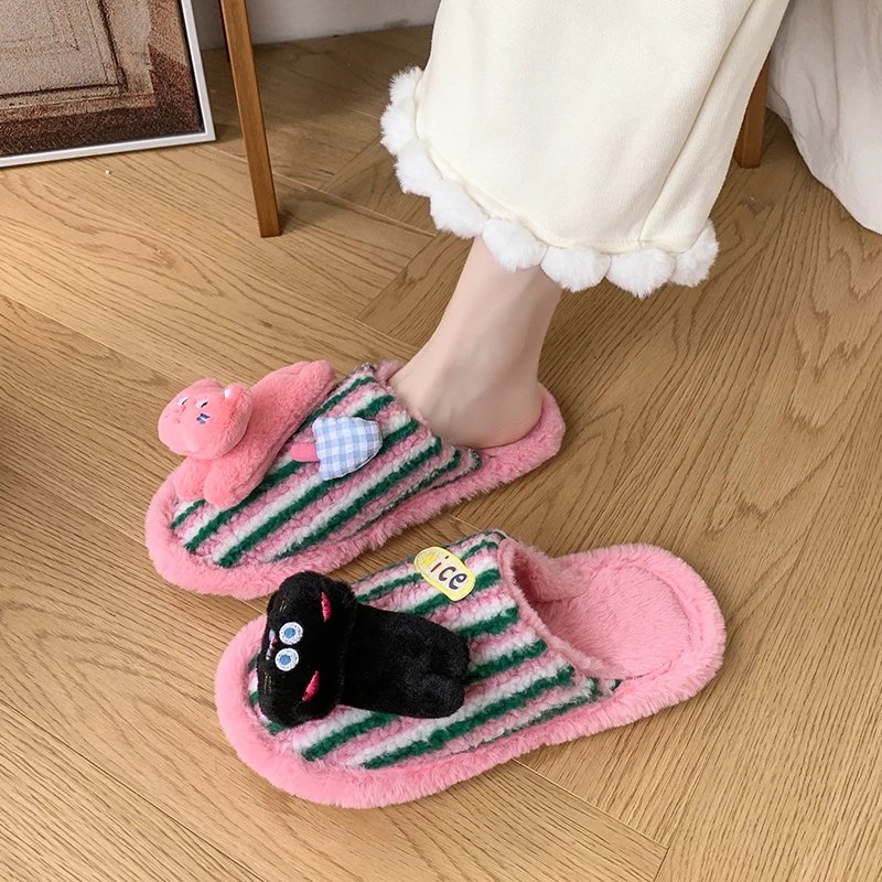 网红情侣撞色条纹卡通小猫可爱毛毛拖鞋室内冬季保暖软底防滑棉拖