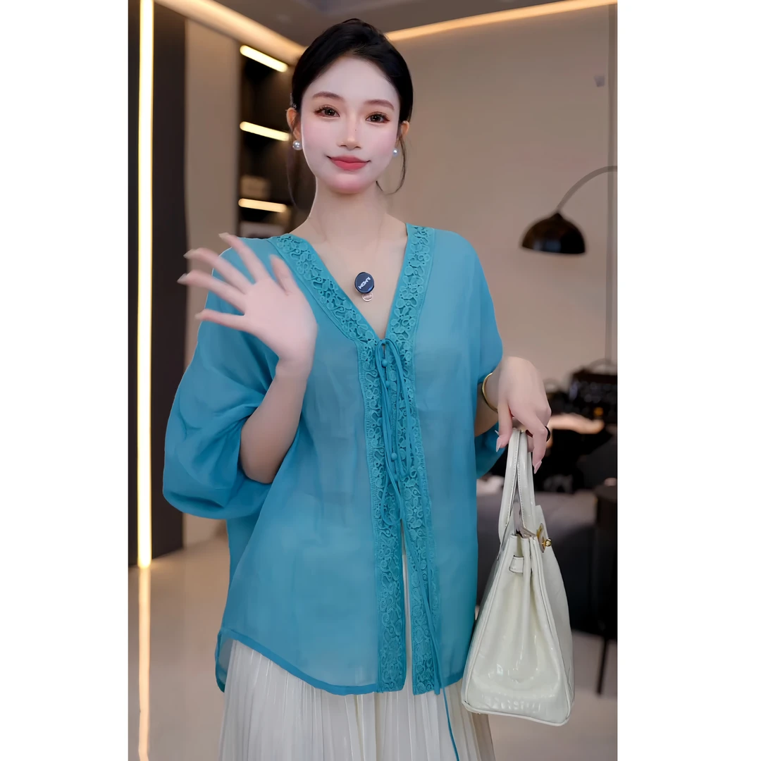 法式V领蕾丝拼接防晒衬衫女夏季薄款宽松慵懒高级感气质上衣