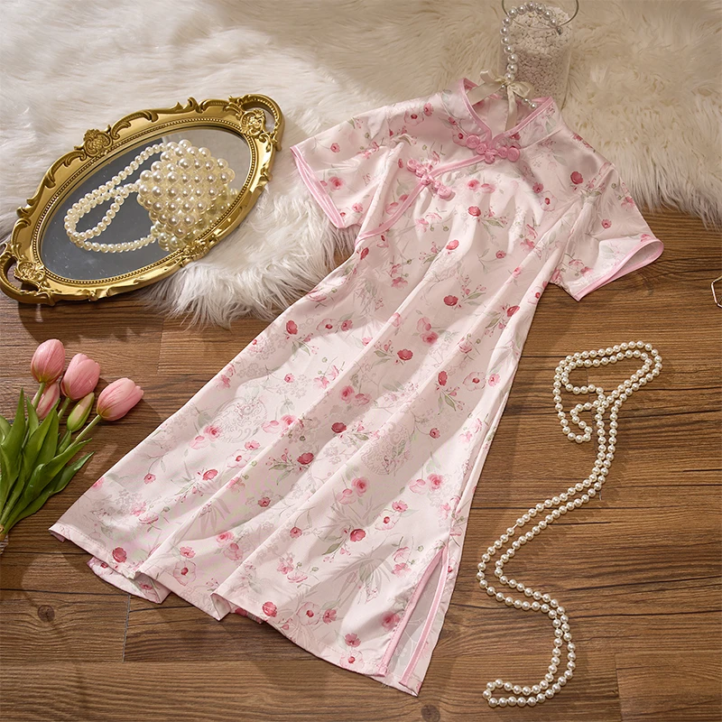 常规袖印花花纹法式旗袍夏季裙子复古文艺少女气质