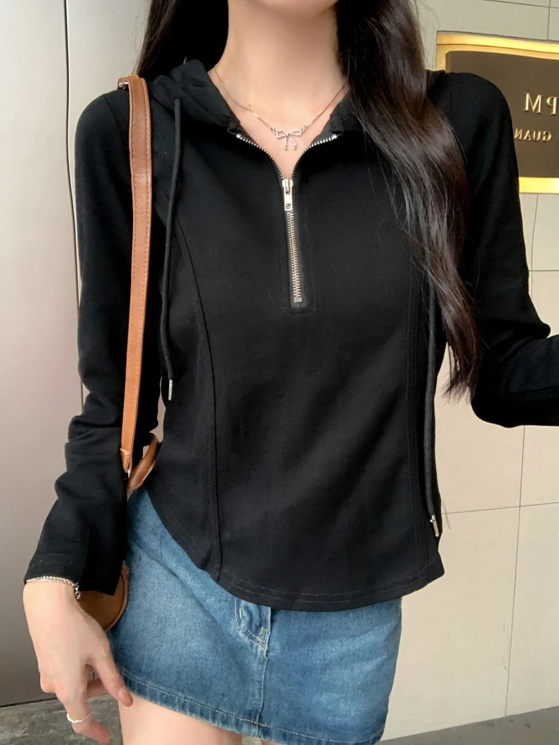 内搭短款连帽卫衣女打底衫潮流新款长袖t恤女修身显瘦春秋季上衣