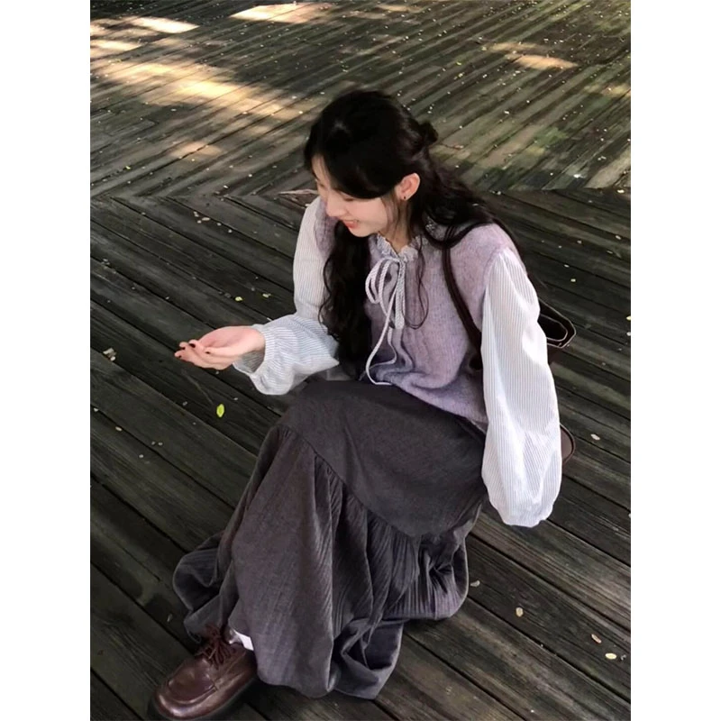 MARIE.COCO秋季新款韩系学院风针织马甲叠穿衬衫上衣A字长裙套装