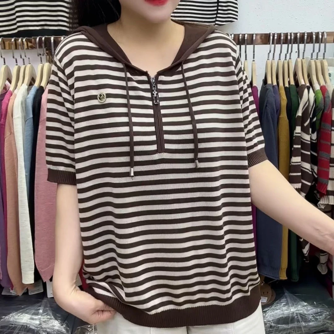 02薄款短袖女条纹连帽宽松帽衫上衣时尚显瘦