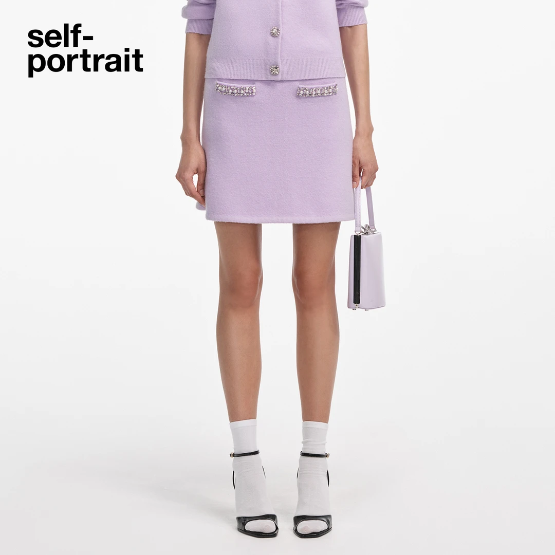 self-portrait 2025秋冬新款丁香紫钻饰小香风针织半身裙短裙