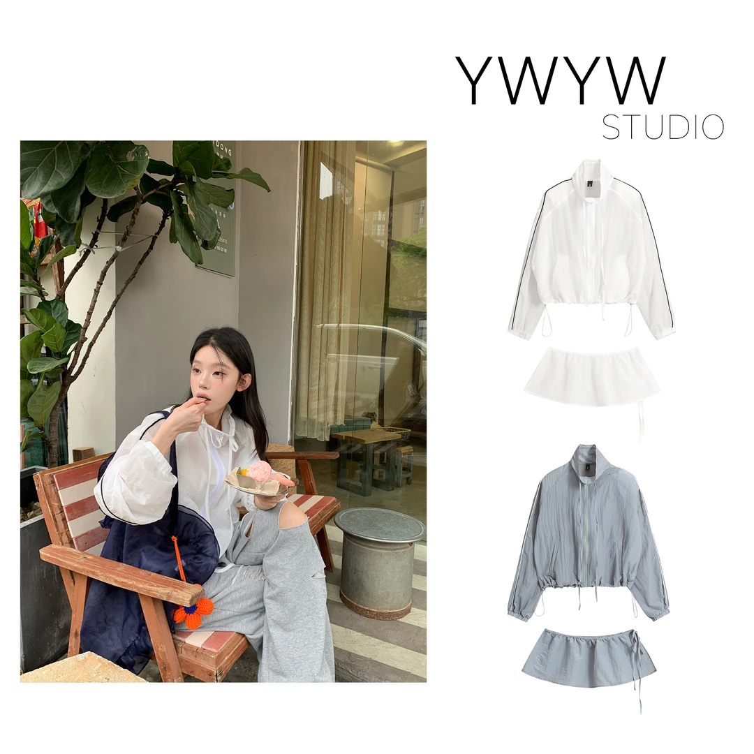 【YWYW25S/S】春夏气质条纹抽绳修身+臀帘配饰防晒短外套3931