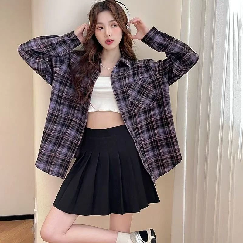 【樱花麻豆】 慵懒宽松拼色紫格衬衫春秋ins百搭休闲外套