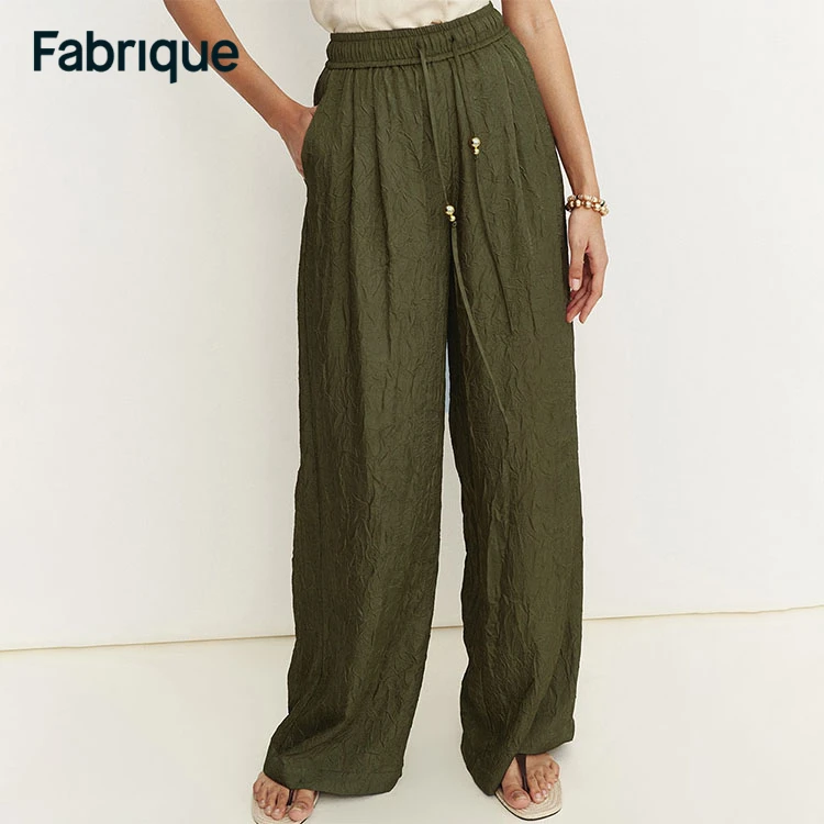【Fabrique】 Louise 新款翡翠绿褶皱缎面松紧腰休闲百搭阔腿裤