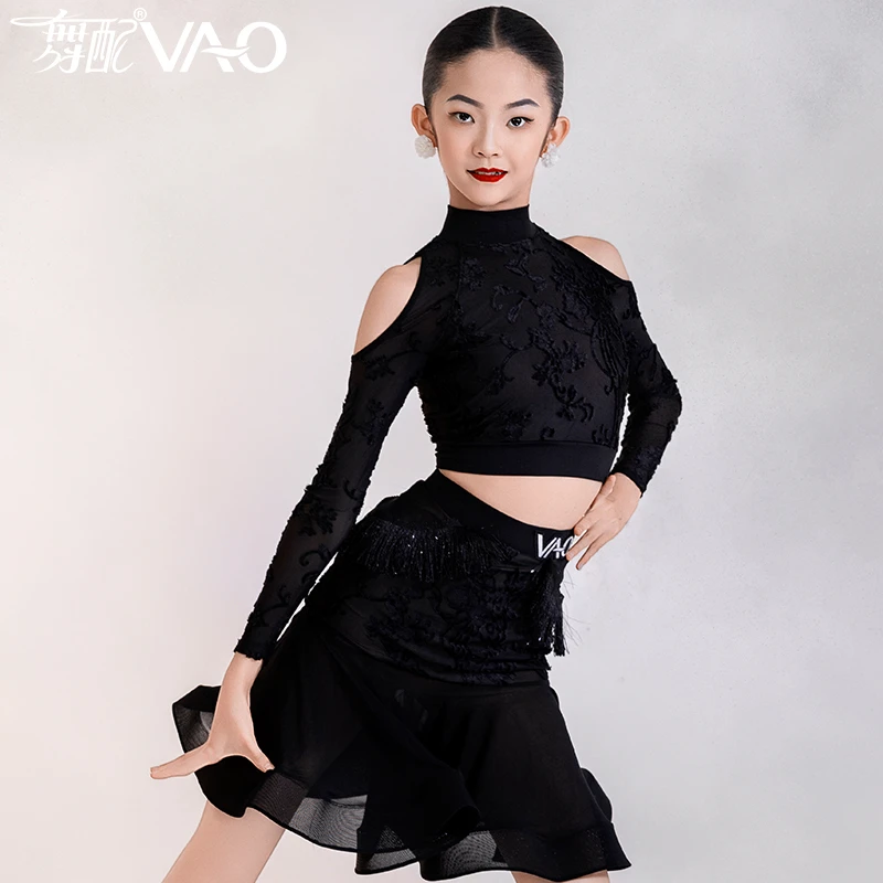 VL51403-2025新款拉丁舞服练功服女VAO舞配舞服黑色露肩长袖印花