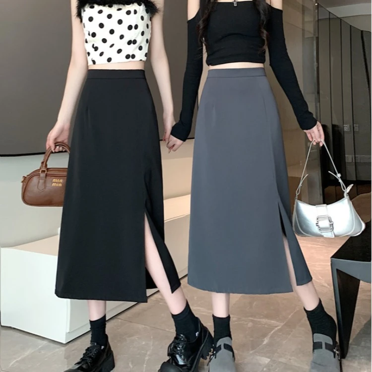 女装春夏款A字新款显瘦半身裙潮款气质时尚黑色高腰中长裙开叉