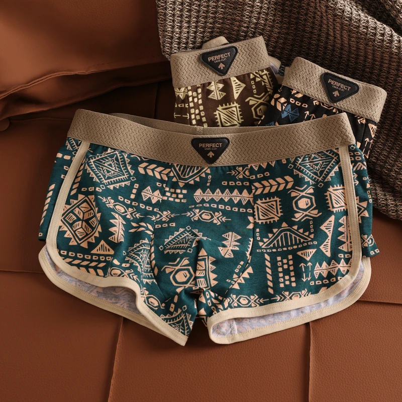 蔚影美式复古民族风男士内裤男款平角裤95%棉潮流玛雅短裤四角裤