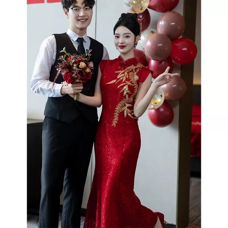 SM订婚晚礼服女高级感鱼尾酒红色敬酒服新娘连衣裙亮片轻奢小众