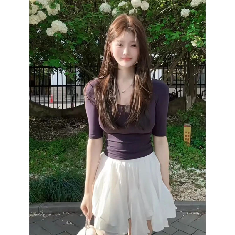 夏季新款美式辣妹大领口中袖弹力紧身打底T恤百搭a字蓬蓬裙两件套
