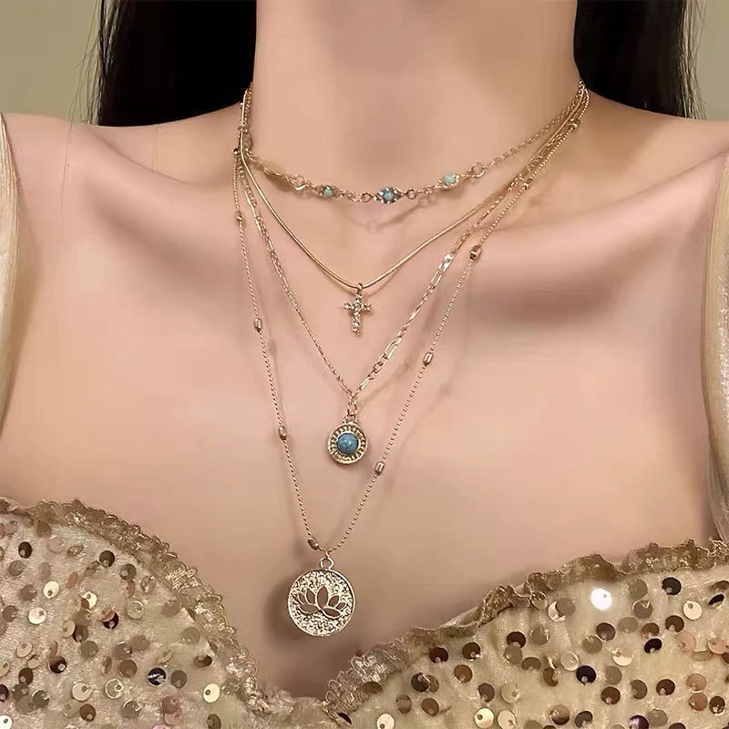 铜合金树脂项链 【圣古殿堂】废土风朋克十字架项链多层镂空锁骨链