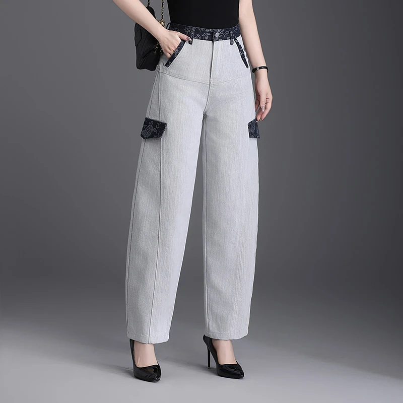 浅灰色高腰阔腿牛仔裤女2025春秋新款大码拼接宽松显瘦直筒长裤子