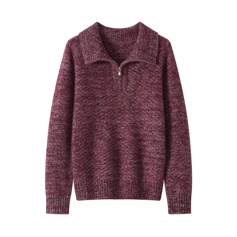 100%纯山羊绒女士花纱POLO领半高领半拉链套头衫