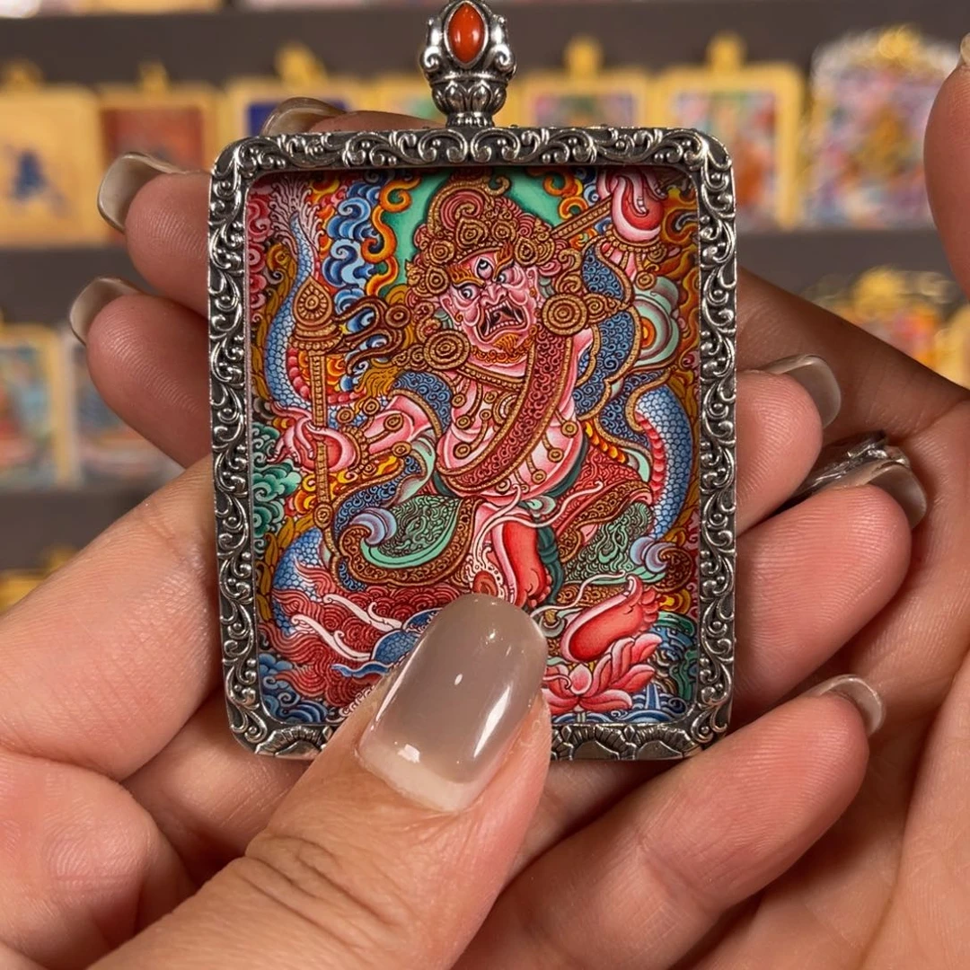 吊坠白财顶卡彩唐满工青海热贡唐卡