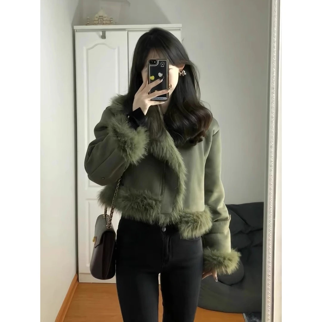 皮毛一体麂皮绒短外套女秋冬新款小香风高级感宽松加厚机车服上衣