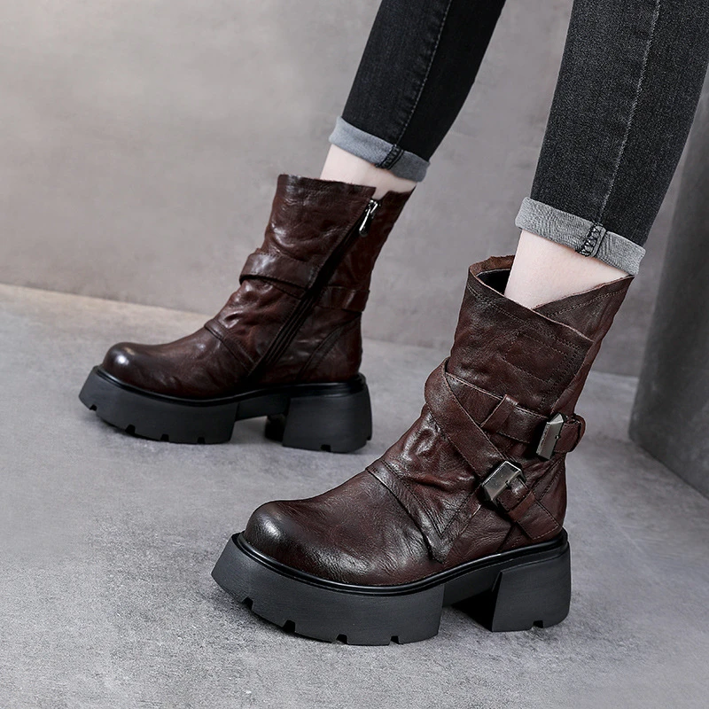 【明星同款】秋冬季真皮粗跟厚底马丁靴女款层牛皮英伦风复古增高小