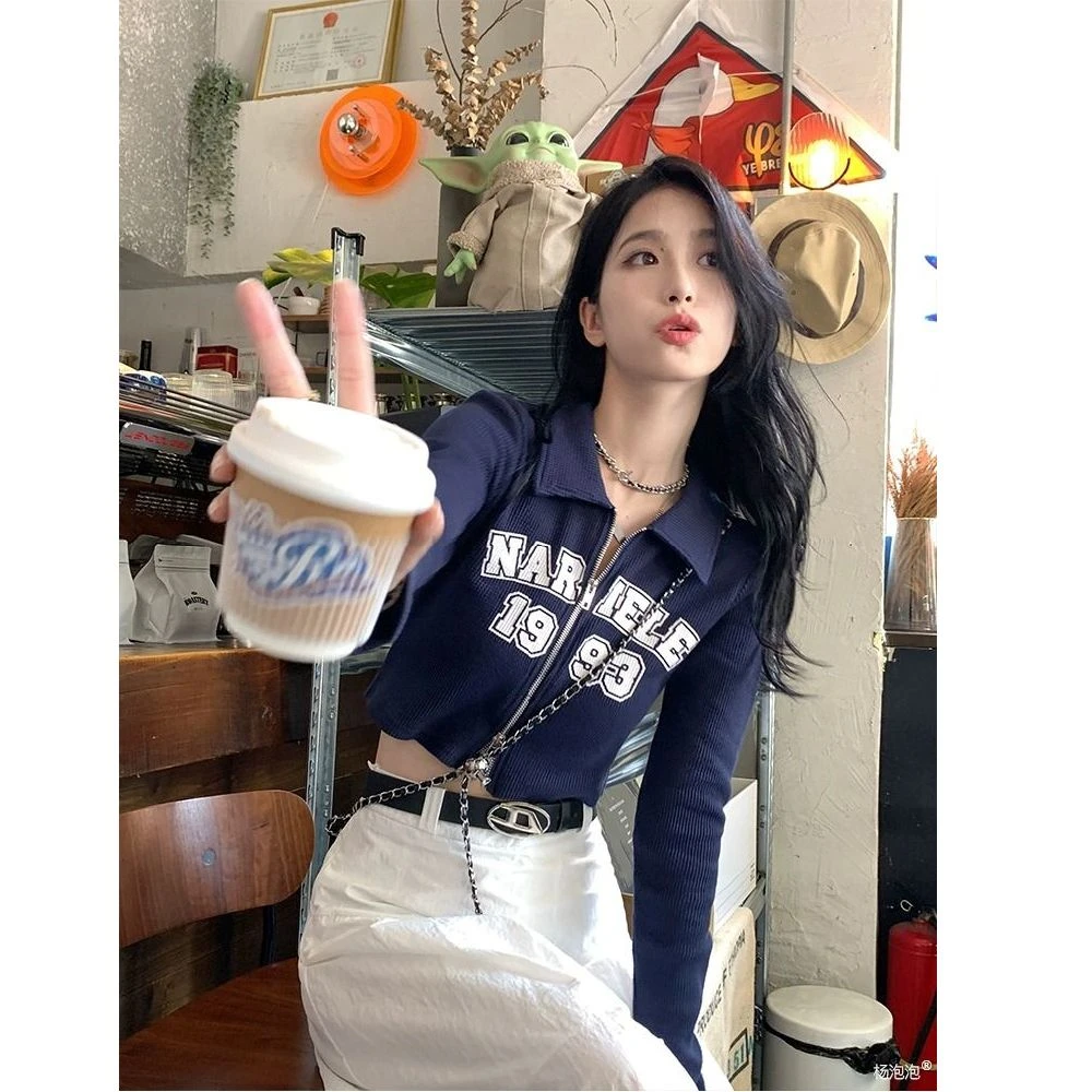美式辣妹polo领拉链字母正肩长袖t恤女秋季新款高腰设计感上衣