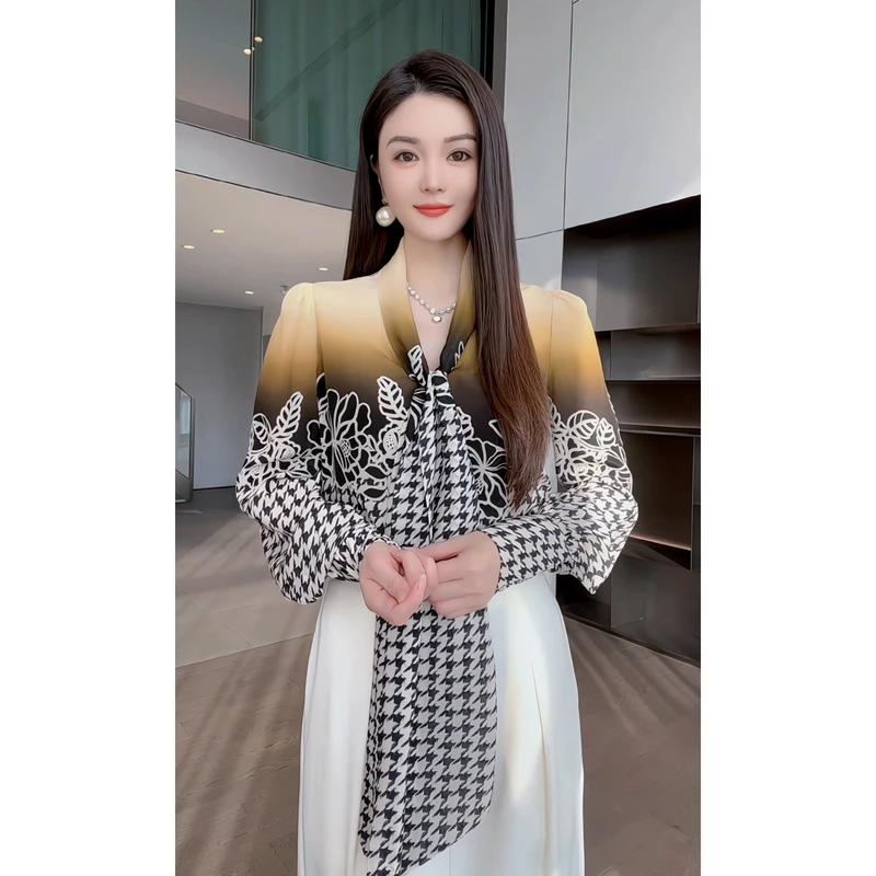 【深圳米熙儿】25年早春新款飘带桑蚕丝定位印花衬衫Y215