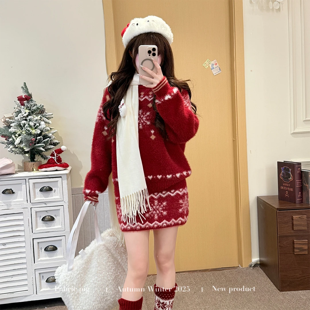 雪绒软糖红 织物猪原创 甜美风时尚保暖秋冬女红色毛衣上衣短裙