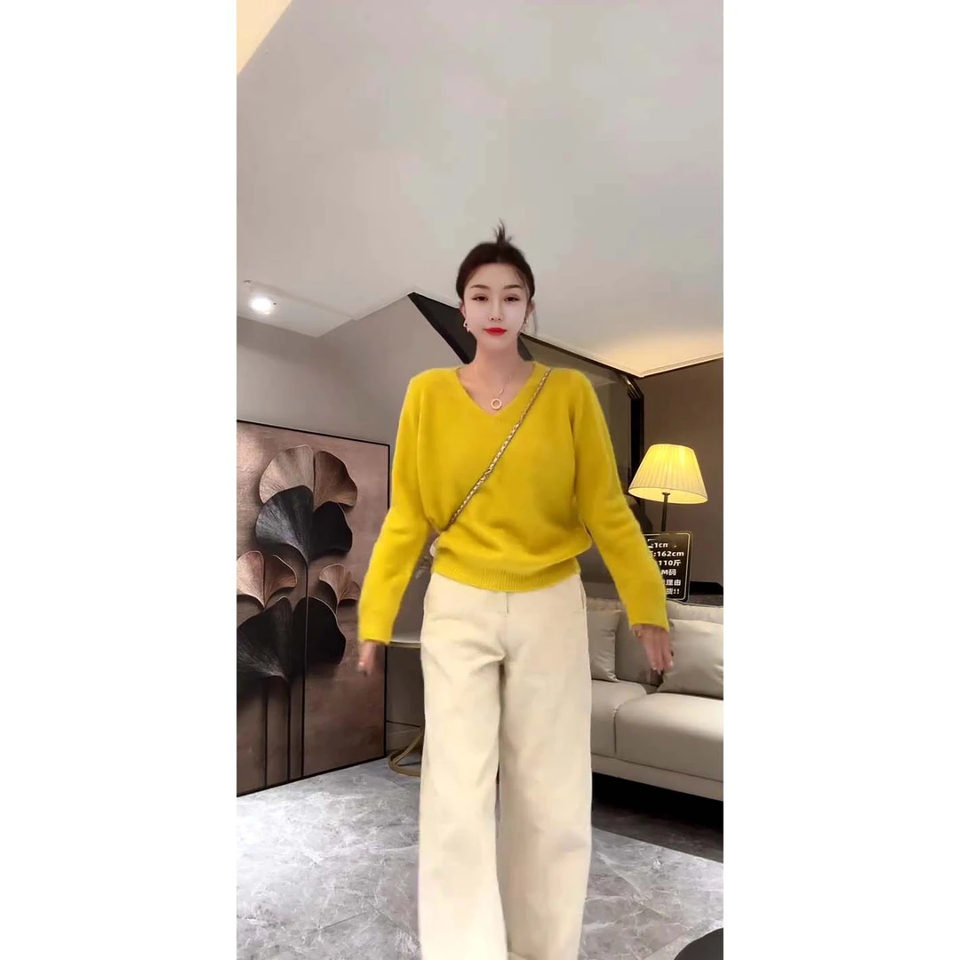 秋季新款休闲宽松慵懒糖果色V领长袖针织毛衣