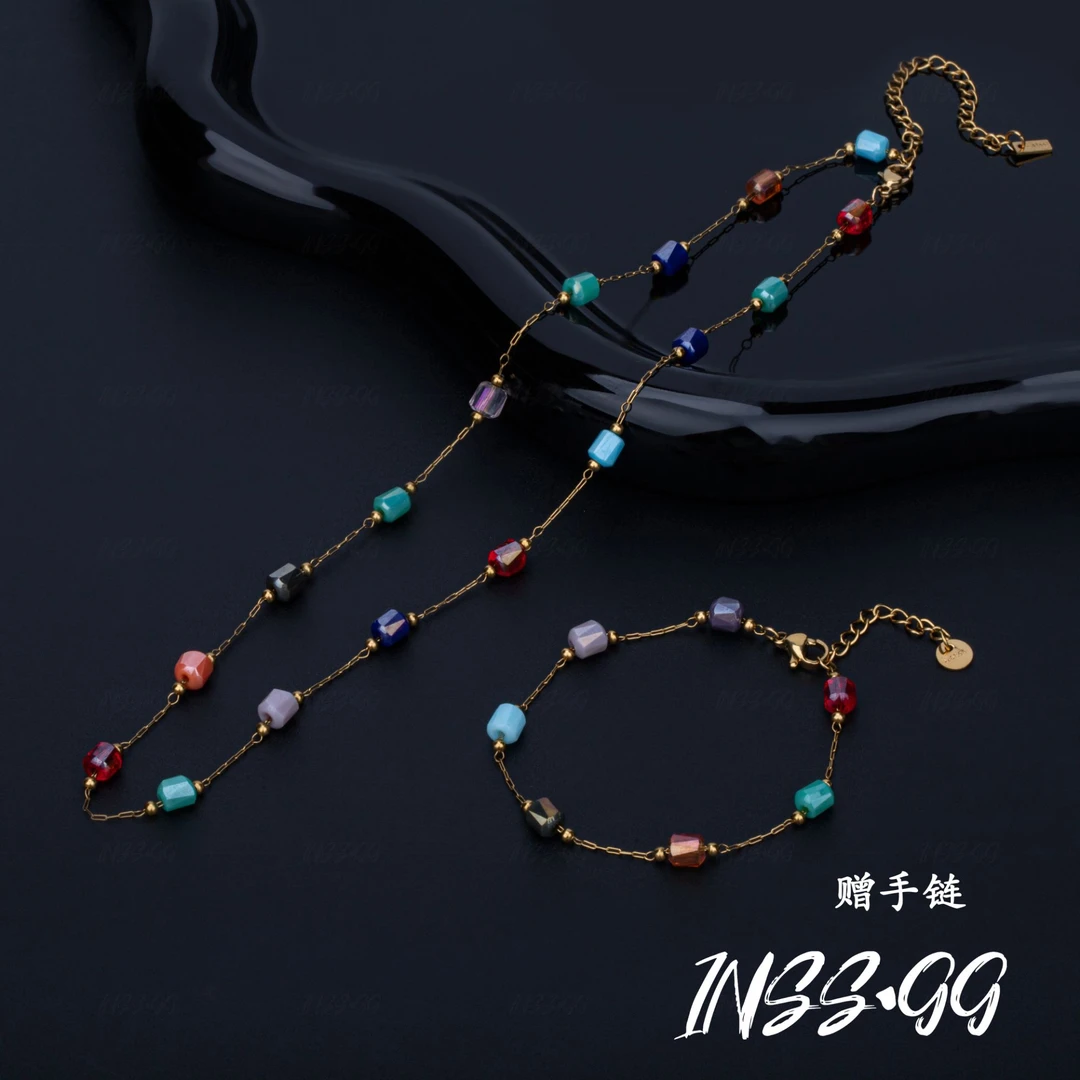 钛钢仿水晶项链 【INSS·GG】手工气质彩色时尚简约百搭项链+手链