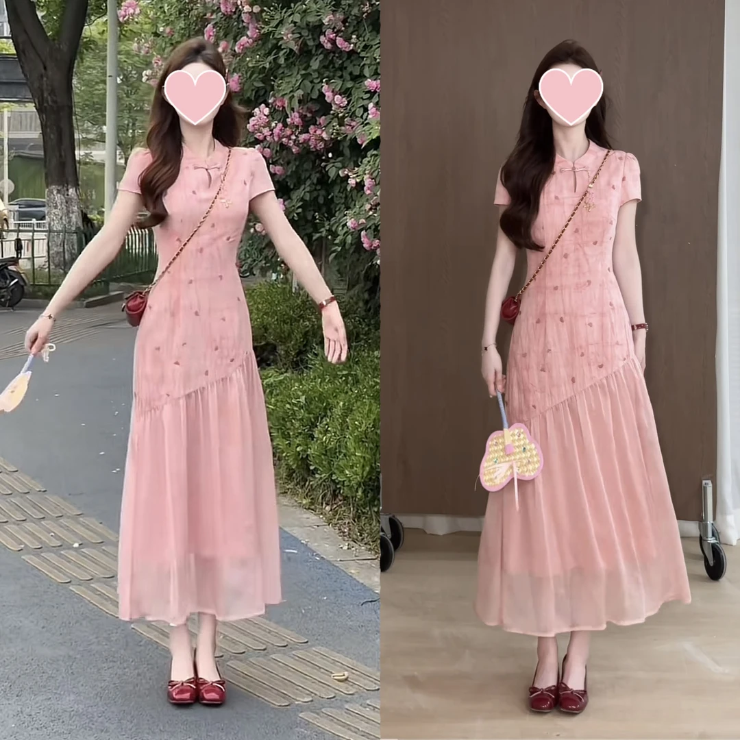 现货新中式晕染爱心刺绣假两件旗袍连衣裙显瘦夏季新款