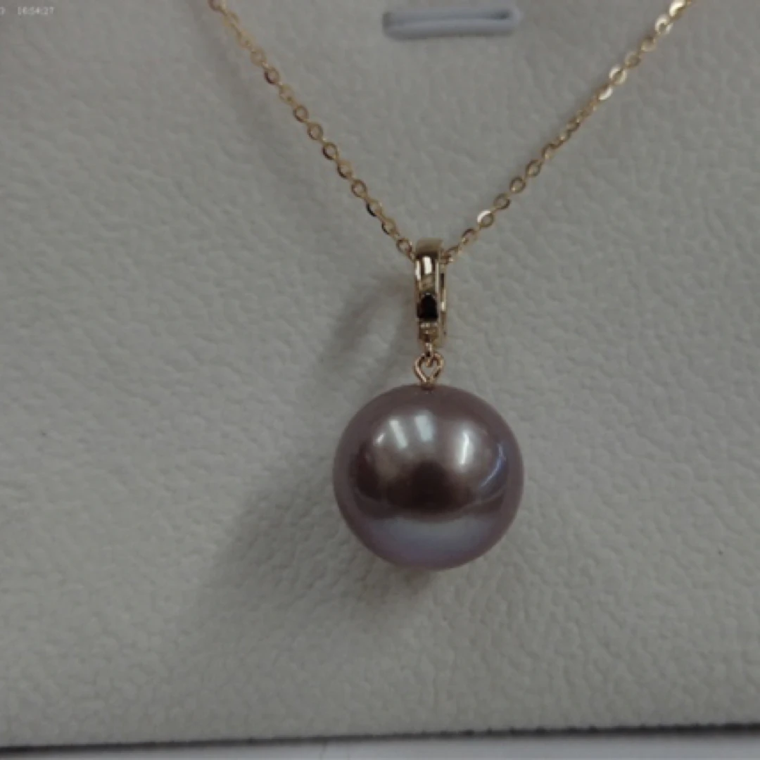 天然淡水珍珠吊坠 S925银镀金万能扣紫色珍珠吊坠 13-14mm近正圆