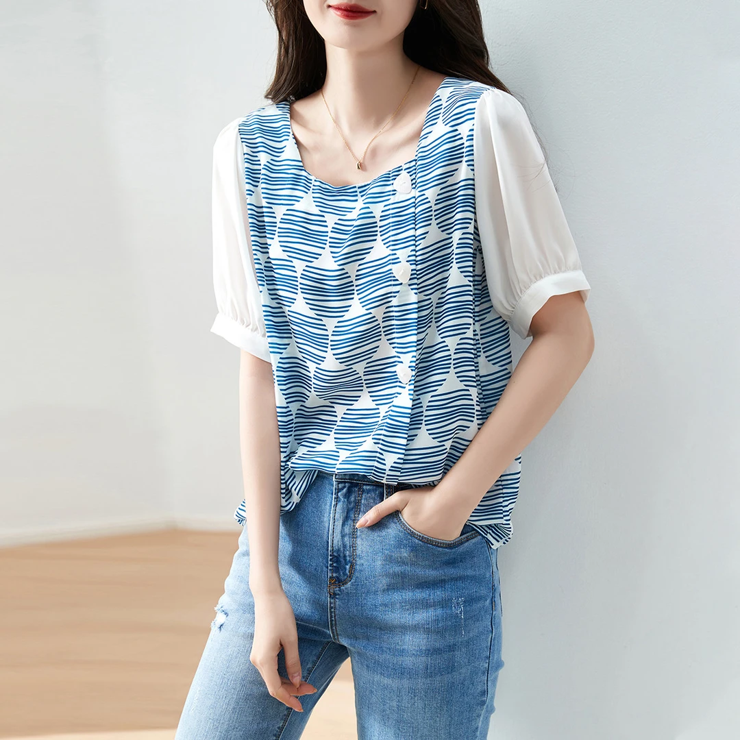 德玛纳清仓条纹拼接方领斜门襟短袖衬衫时尚百搭